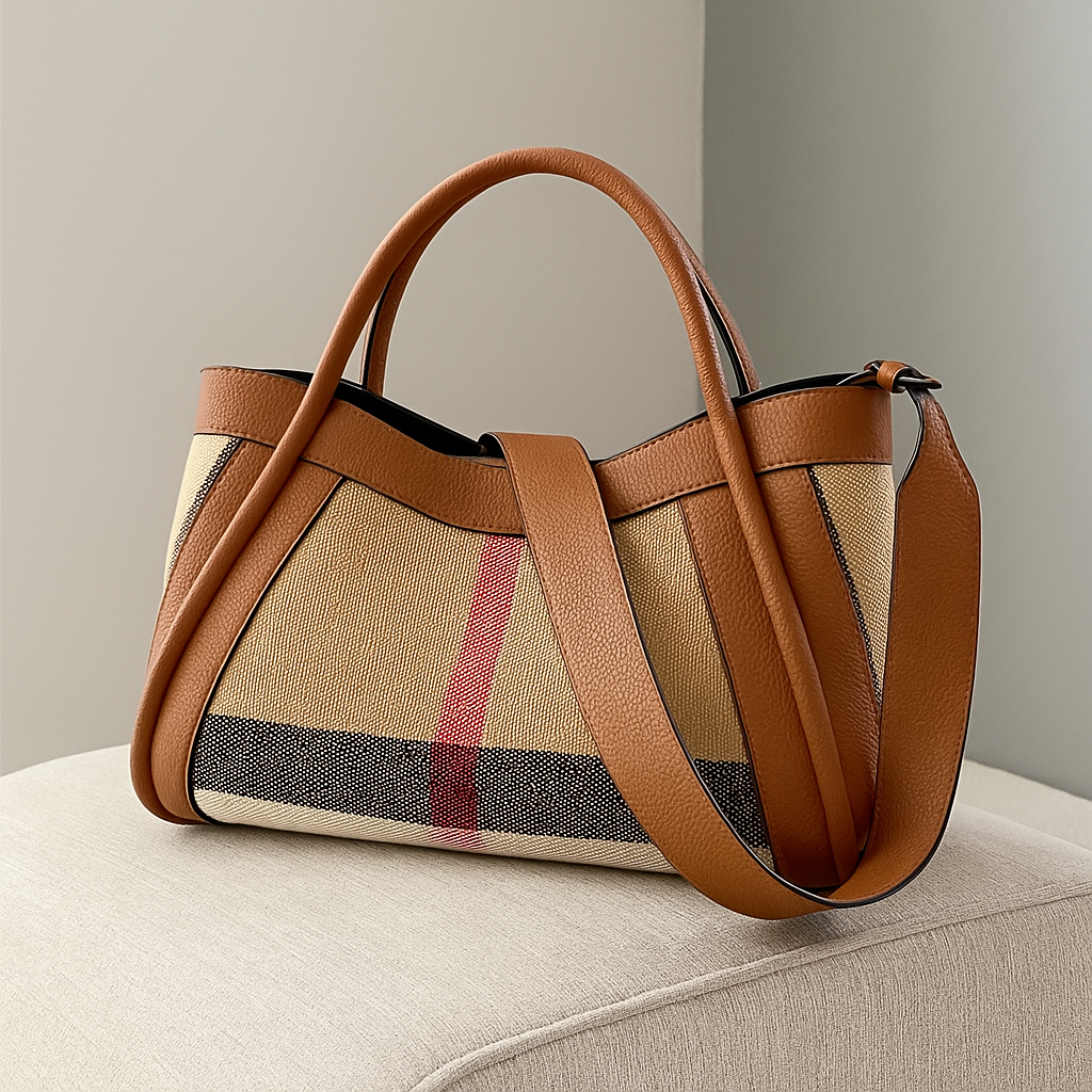 Bolsa Casual em Lona Xadrez com Detalhes em Couro Bovino.