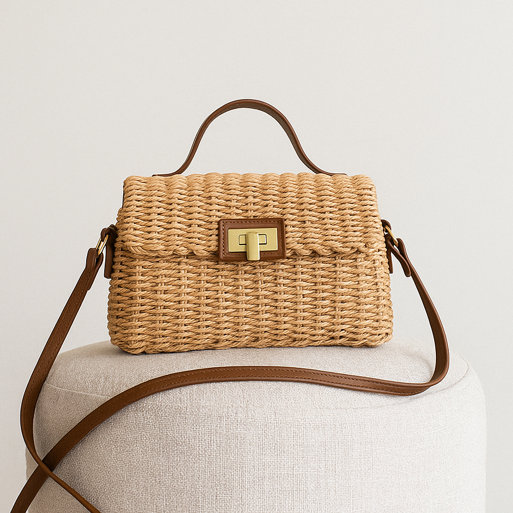 Bolsa Feminina de Palha Natural com Design Minimalista de Verão.