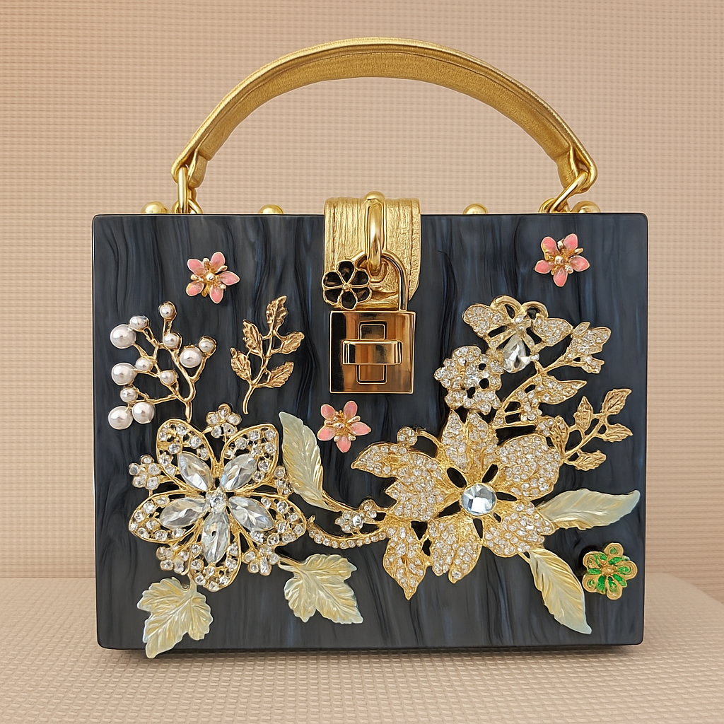 Bolsa Minaudière Metálica com Detalhes em Diamantes e Forro em Couro Sintético.