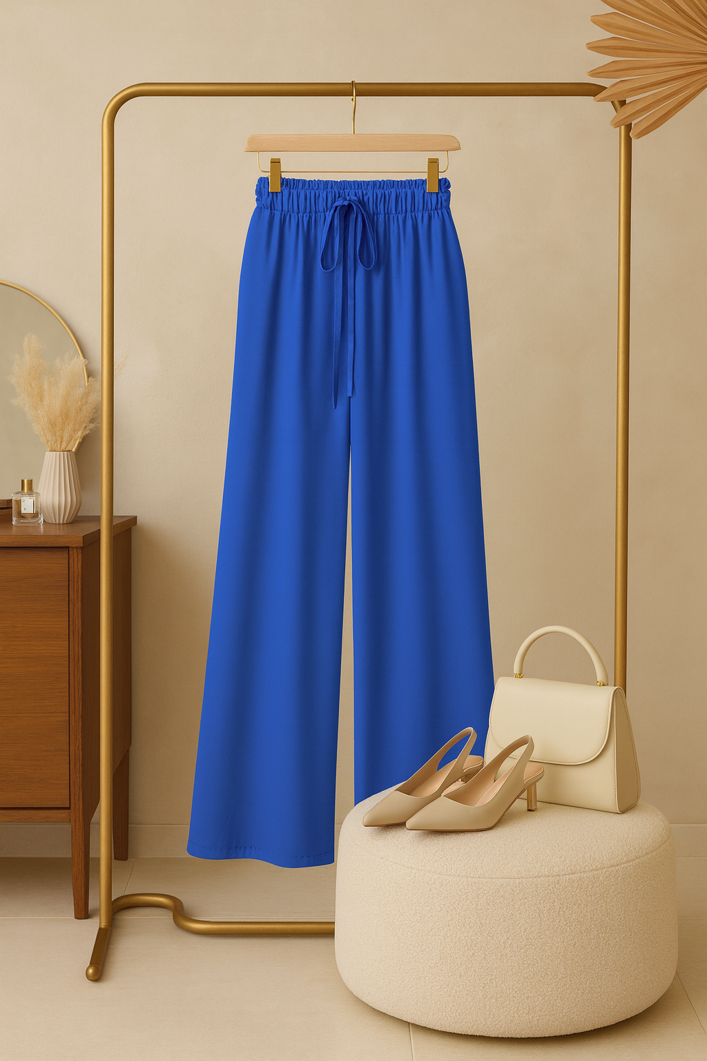 Calça Feminina de Perna Larga de Cintura Alta com Cordão.