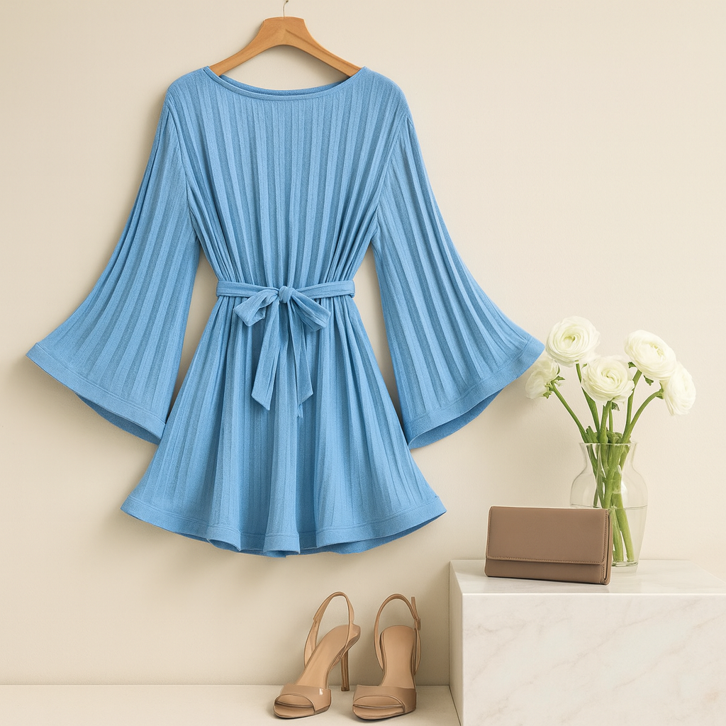 Vestido Feminino Plissado em Renda com Gola Redonda.