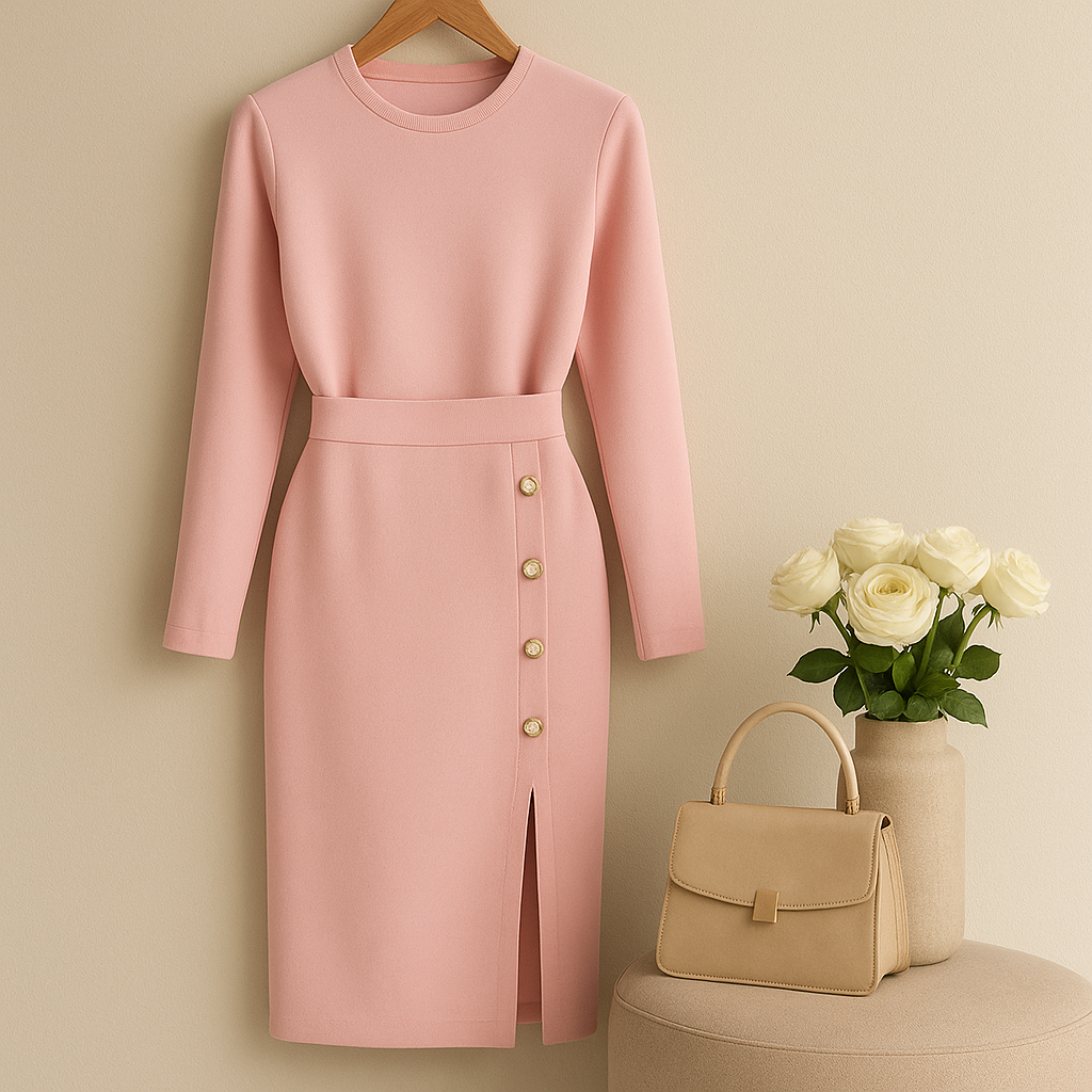 Vestido Midi Feminino de Manga Longa com Botões.