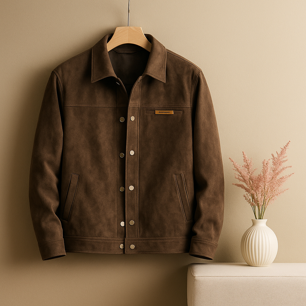 Jaqueta Masculina Curta de Camurça com Gola Virada