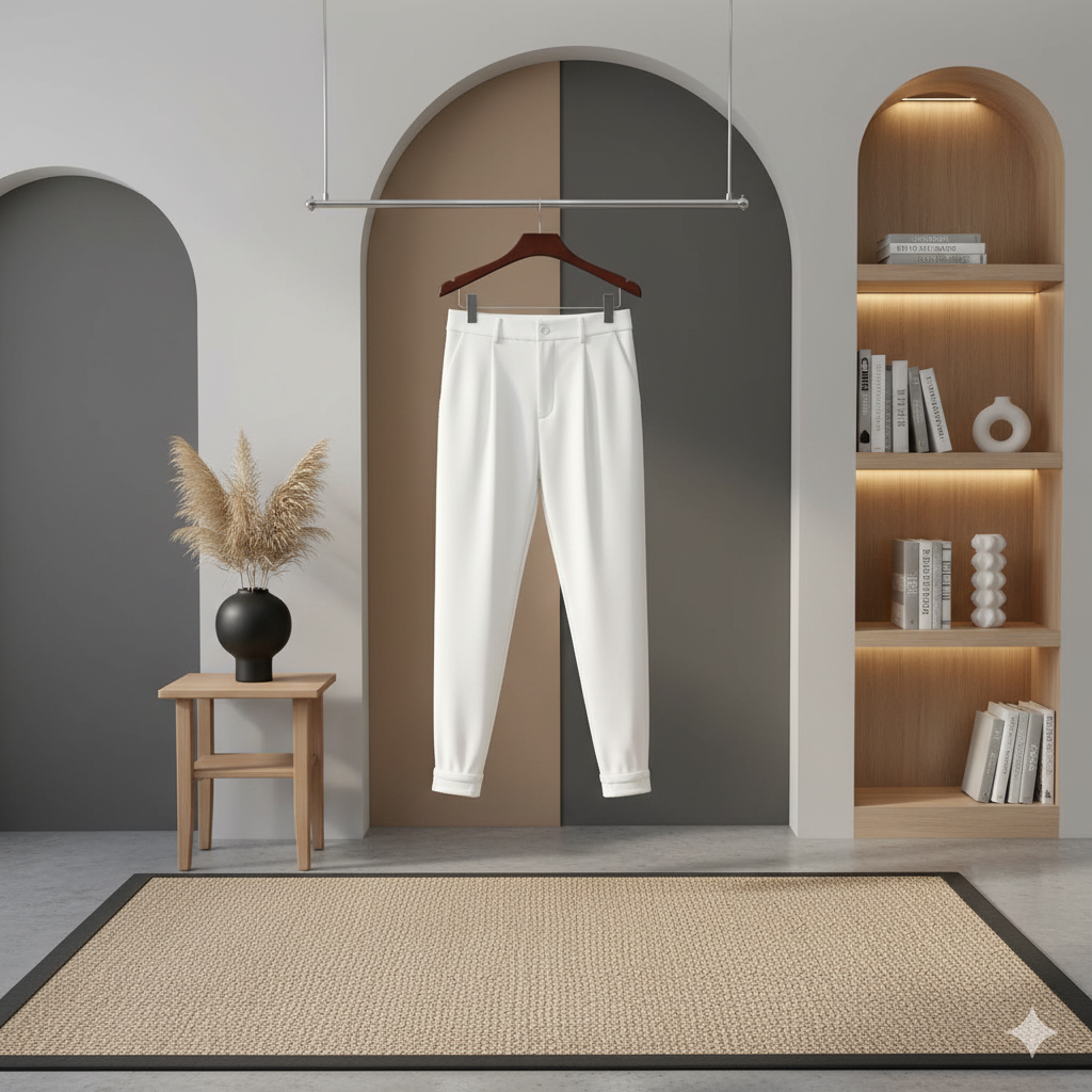 Calça Masculina Casual Plissada de Algodão e Poliéster.