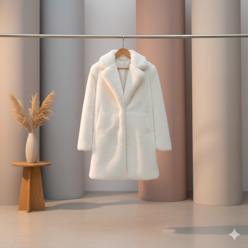 Casaco Feminino Longo em Pele Sintética e Frivolité Artesanal.