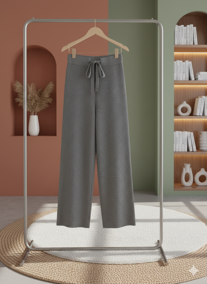 Calça Feminina de Malha Larga em Lã Merino.