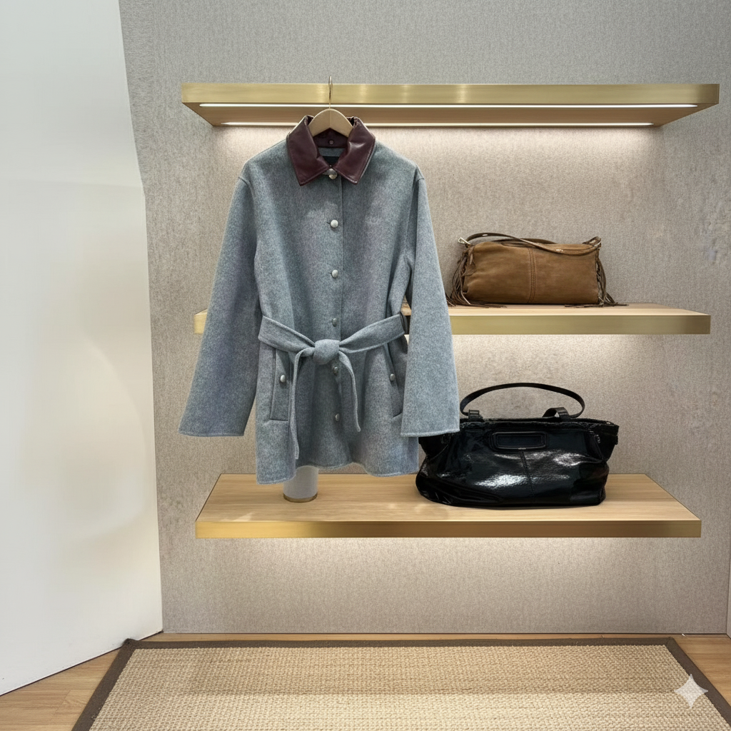 Casaco Feminino em Lã Fina com Gola de Couro Removível e Artesanato Frivolité.