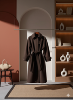 Sobretudo Feminino de Gola Alta com Capuz em Fibra Natural.