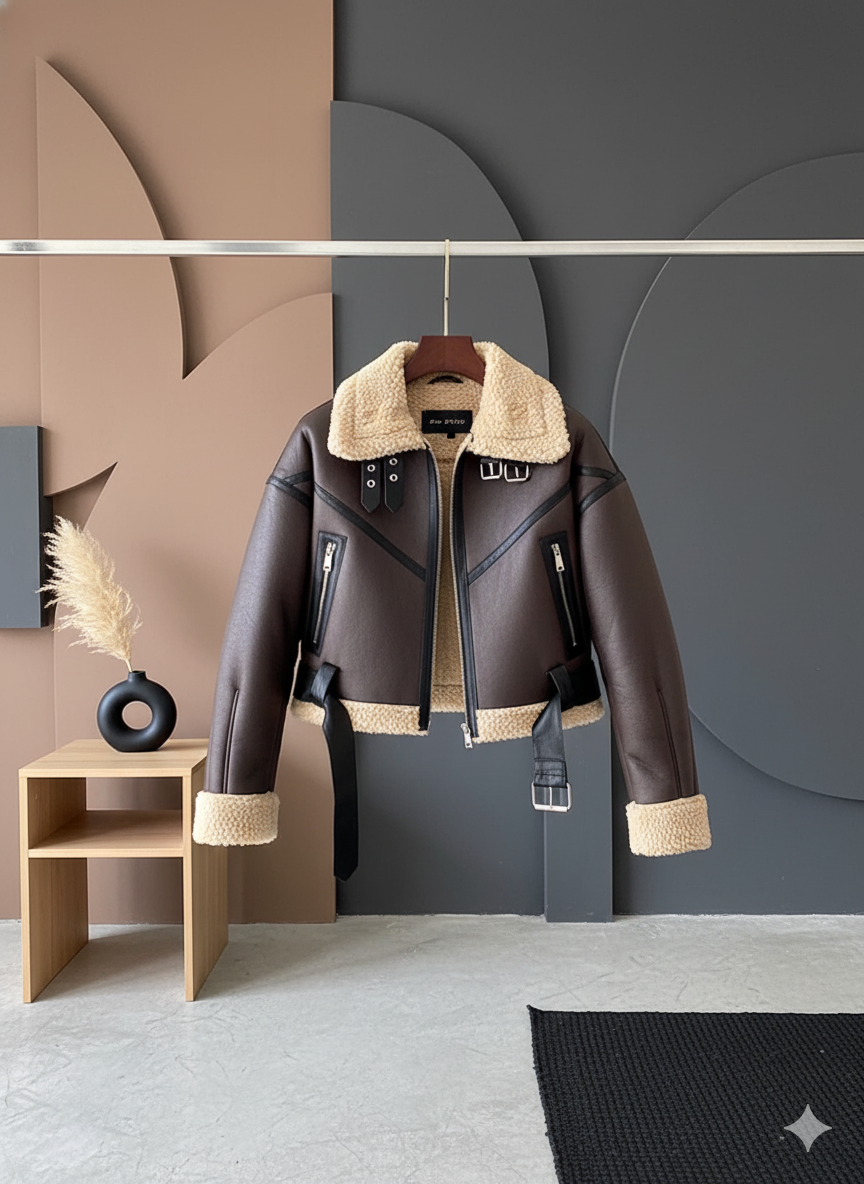 Casaco Feminino em Couro Sintético e Camurça com Detalhes Modernos.