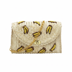 Bolsa Feminina de Palha Rígida com Detalhes Florais e Estampa Frutada.