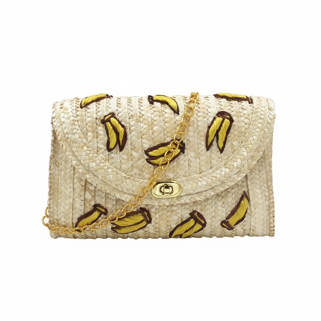 Bolsa Feminina de Palha Rígida com Detalhes Florais e Estampa Frutada.