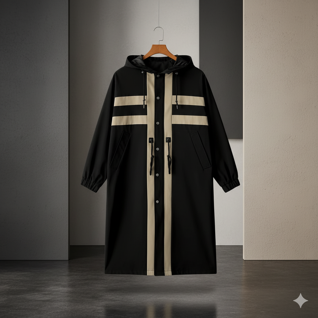 Trench Coat Masculino em Poliéster com Capuz e Acabamento Frivolité