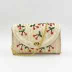 Bolsa Feminina de Palha Rígida com Detalhes Florais e Estampa Frutada.