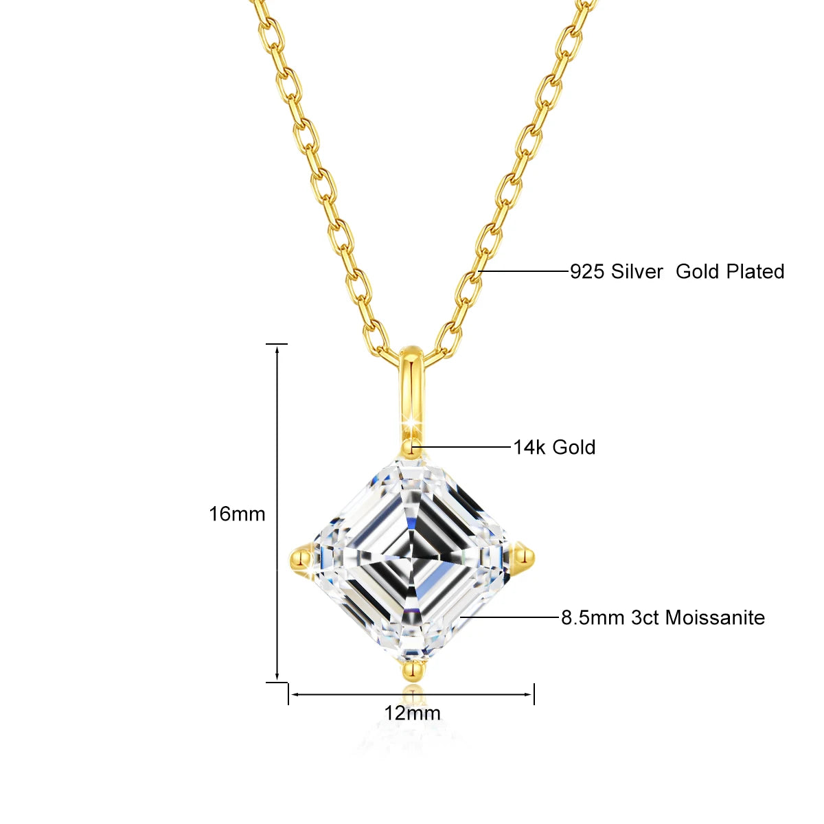 Colar Feminino com Pingente de Moissanite Asscher em Ouro 14K