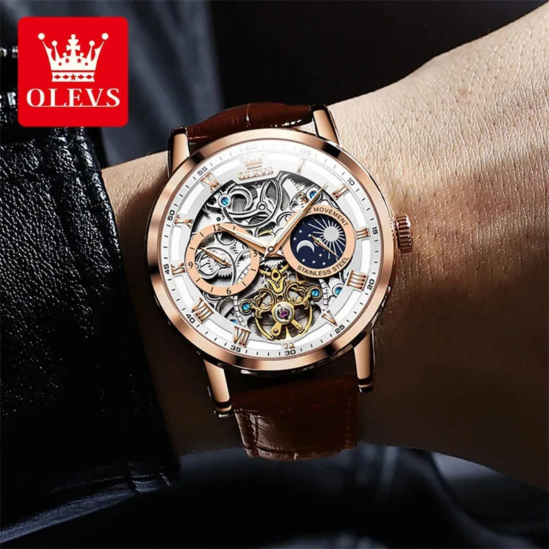 Garb Orologio Imperiale – Relógio Mecânico Masculino Automático Esqueleto em Couro Legítimo e Aço Inoxidável