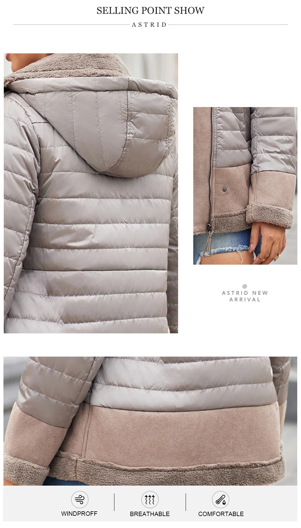 Jaqueta Feminina Acolchoada com Capuz e Detalhes em Frivolité.