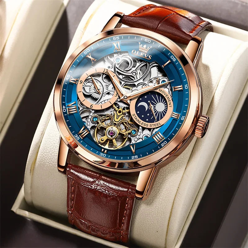 Garb Orologio Imperiale – Relógio Mecânico Masculino Automático Esqueleto em Couro Legítimo e Aço Inoxidável