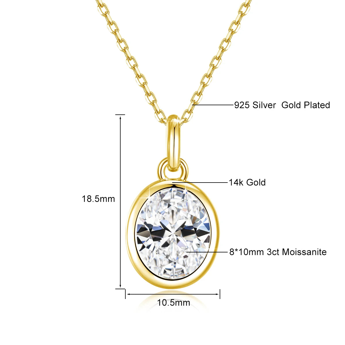 Colar Solitário de Moissanita Oval em Ouro 14K.