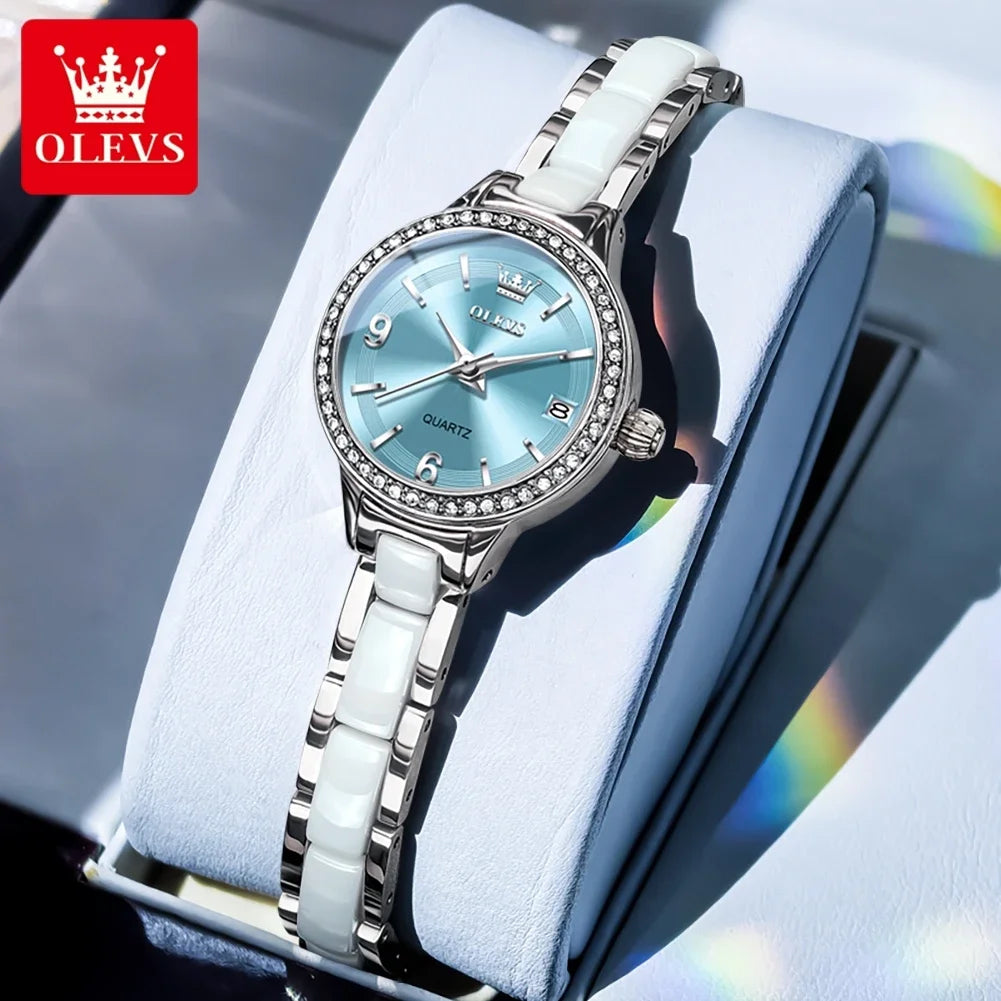 Relógio Feminino de Luxo em Quartzo com Pulseira de Cerâmica e Data Automática