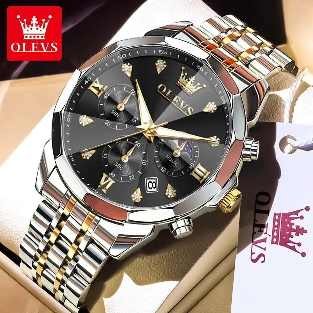 Relógio Masculino de Quartzo com Cronógrafo, Fases da Lua e Pulseira em Aço Inoxidável,