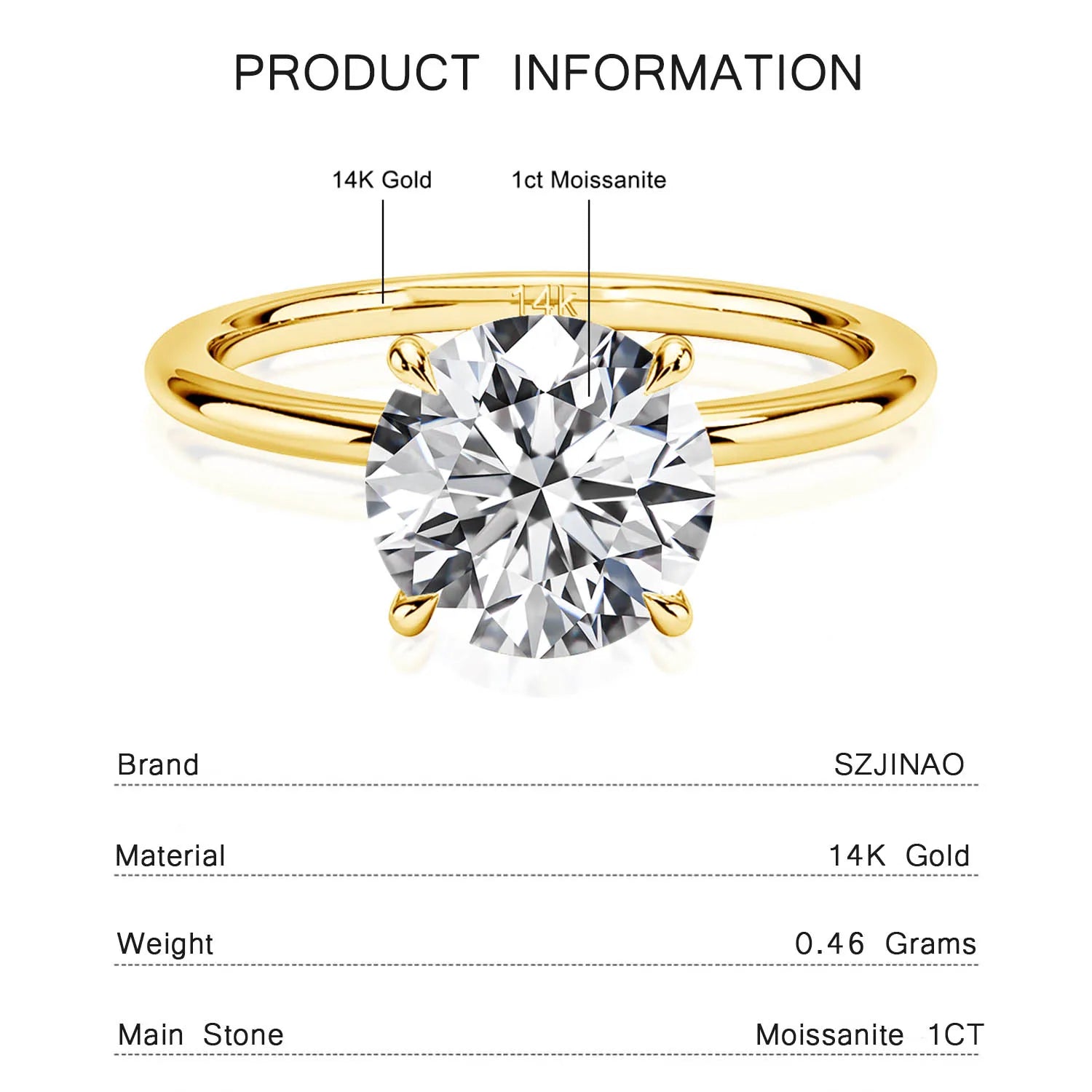 Garb Eterna Luce – Anel Feminino Solitário de Moissanite em Ouro 14K.