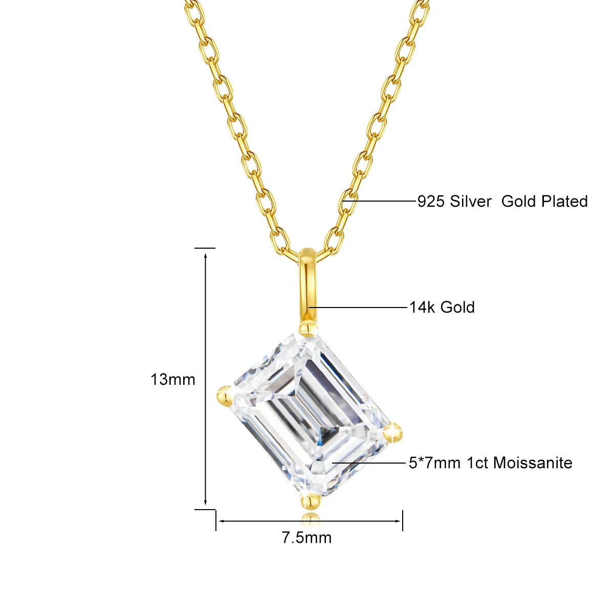 Colar Feminino com Pingente Solitário de Moissanite Lapidação Esmeralda em Ouro 14K.