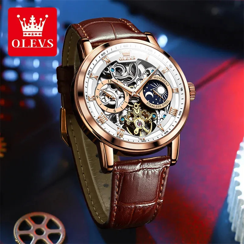 Garb Orologio Imperiale – Relógio Mecânico Masculino Automático Esqueleto em Couro Legítimo e Aço Inoxidável