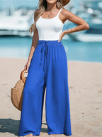 Calça Feminina de Perna Larga de Cintura Alta com Cordão.