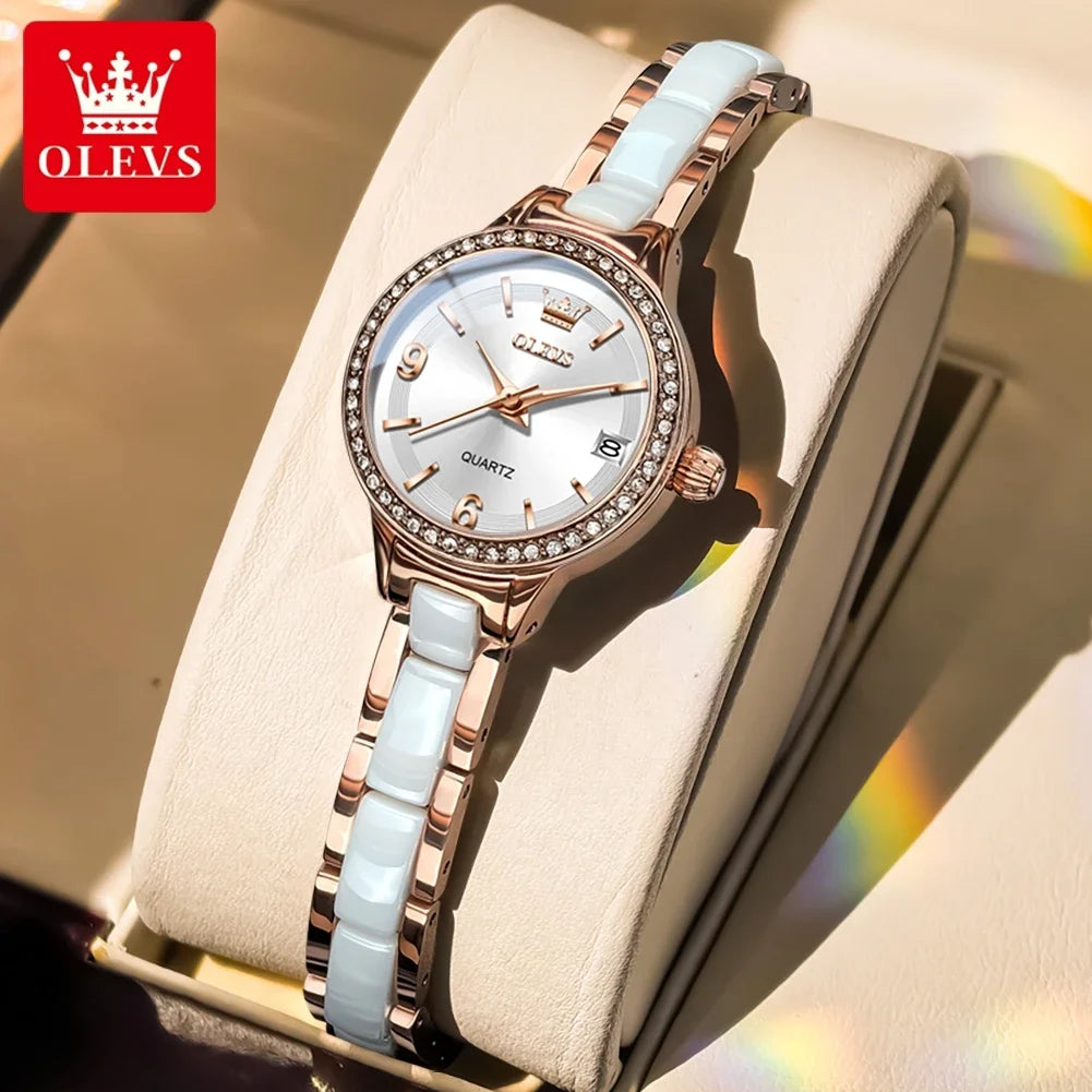 Relógio Feminino de Luxo em Quartzo com Pulseira de Cerâmica e Data Automática