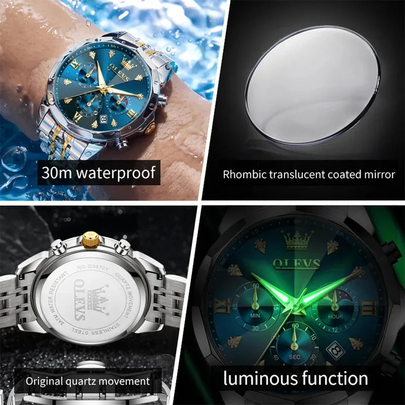 Relógio Masculino de Quartzo com Cronógrafo, Fases da Lua e Pulseira em Aço Inoxidável,