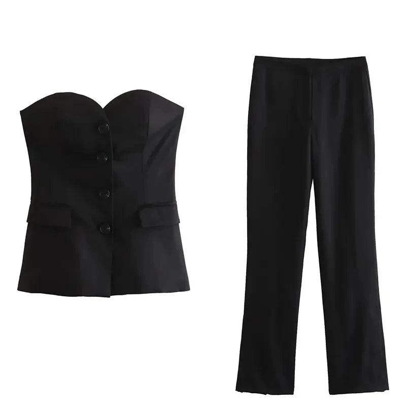 Garb Notte Elegante – Conjunto Feminino Sem Alças com Calça de Fenda 2025.