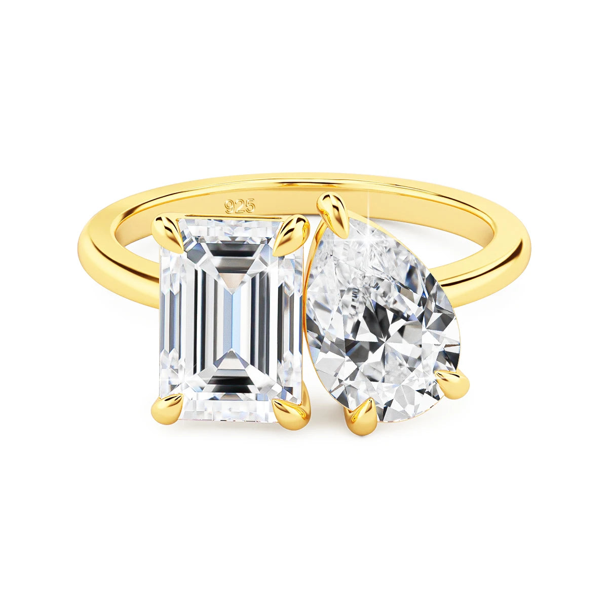 Anel Feminino de Moissanita com Lapidação Esmeralda e Pera em Prata 925 Banhado a Ouro