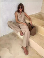 Garb Eleganza Bassa – Conjunto Feminino de Colete Sem Mangas e Calça de Cintura Baixa Primavera/Verão