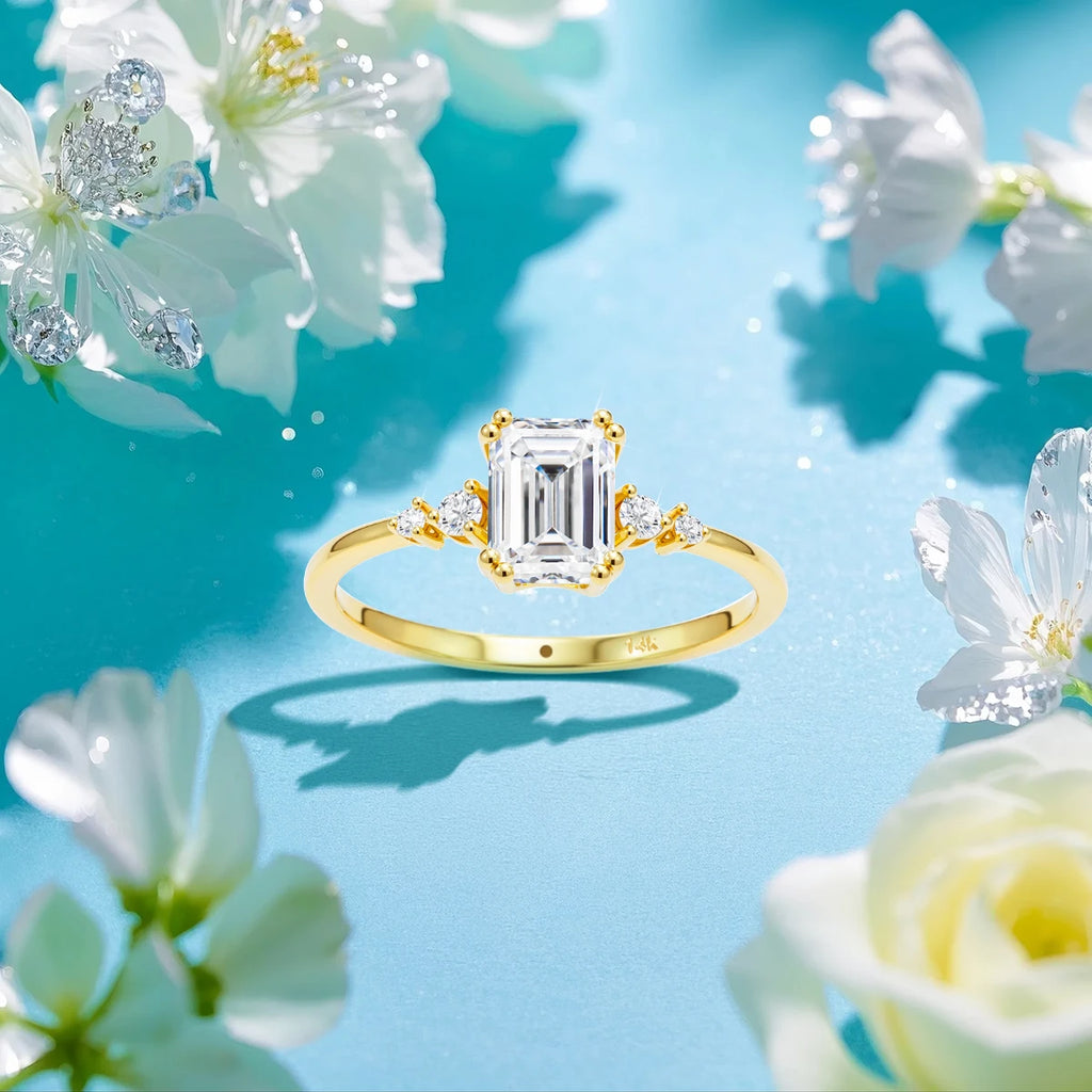 Garb Esmeralda di Luce – Aliança Feminina de Moissanita em Ouro 14K com Lapidação Esmeralda