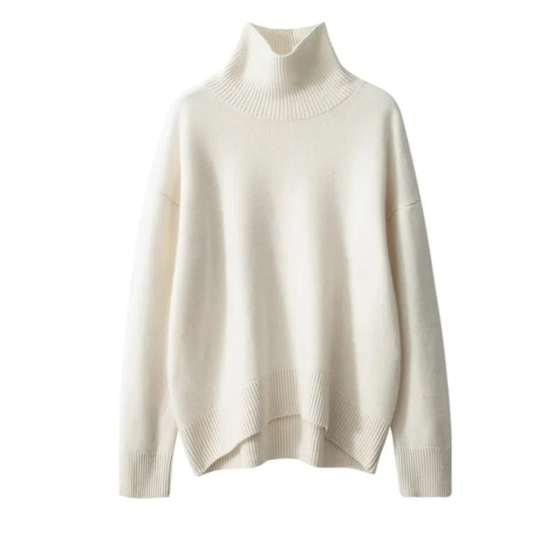Suéter Feminino de Cashmere com Gola Alta e Corte Solto.