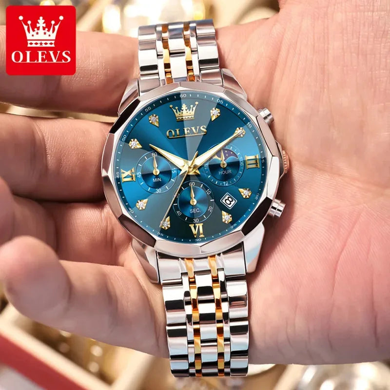 Relógio Masculino de Quartzo com Cronógrafo, Fases da Lua e Pulseira em Aço Inoxidável,