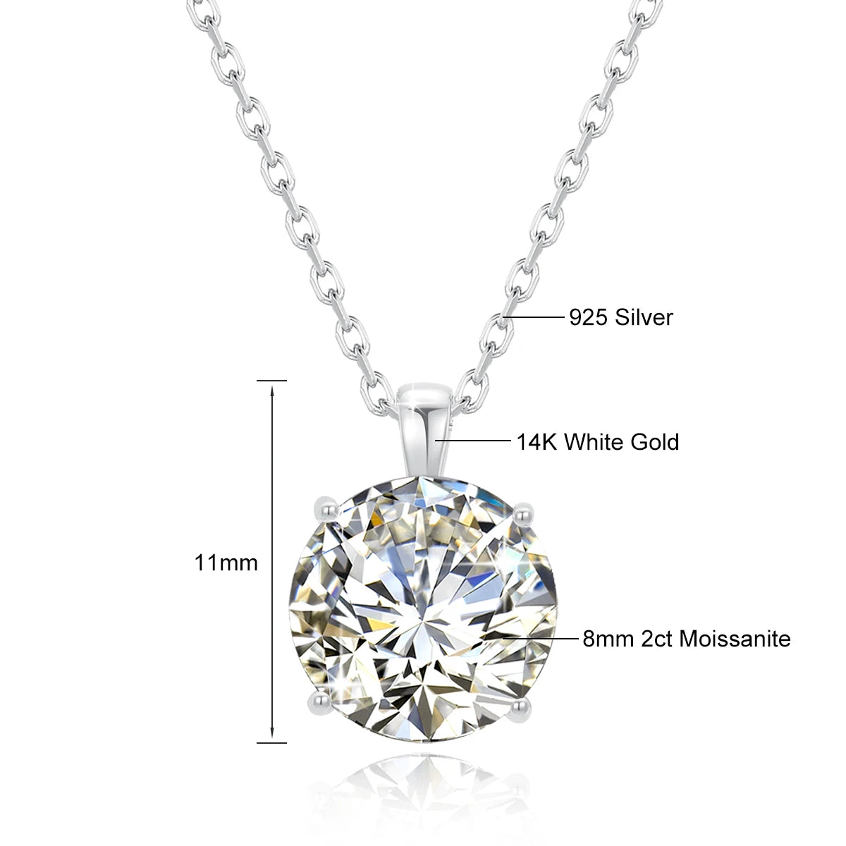 Colar Feminino com Pingente de Moissanite Redondo em Ouro 14K.