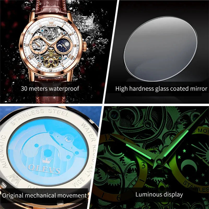 Garb Orologio Imperiale – Relógio Mecânico Masculino Automático Esqueleto em Couro Legítimo e Aço Inoxidável