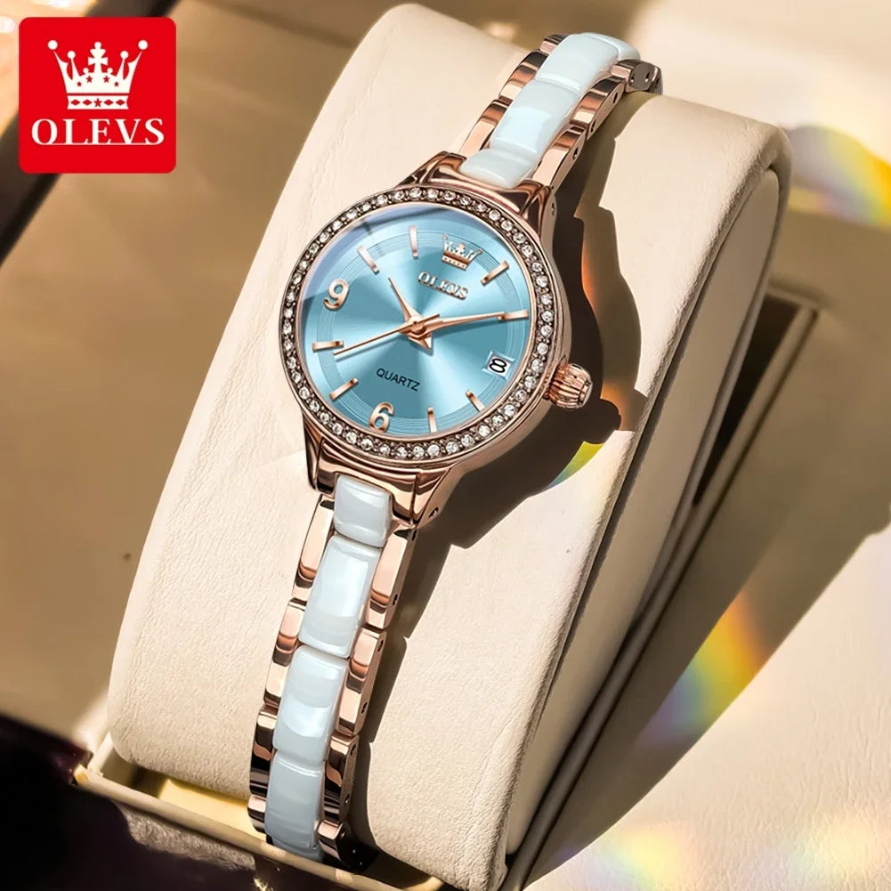 Relógio Feminino de Luxo em Quartzo com Pulseira de Cerâmica e Data Automática