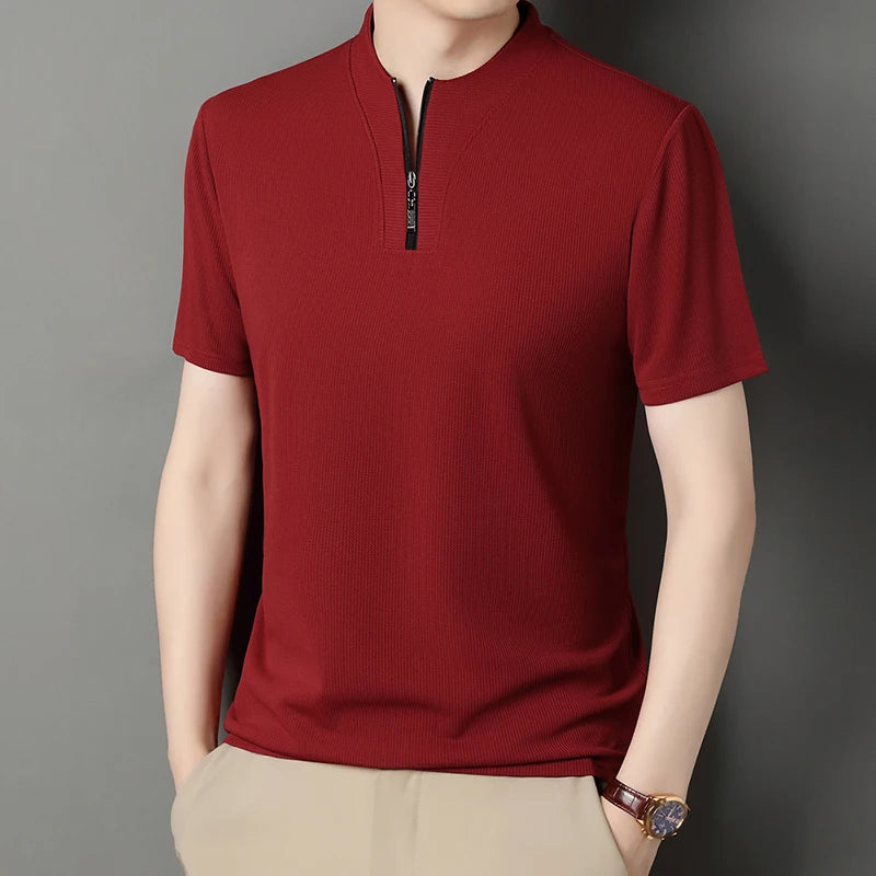 Polo Masculina de Seda Gelada com Zíper e Lapela Moderna.