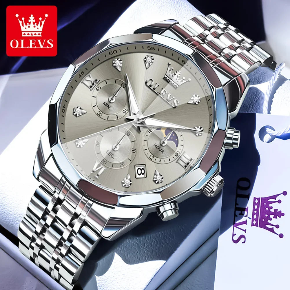 Relógio Masculino de Quartzo com Cronógrafo, Fases da Lua e Pulseira em Aço Inoxidável,