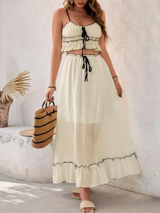 Conjunto Feminino de Verão com Cropped Decote V e Saia Longa em Linha A.