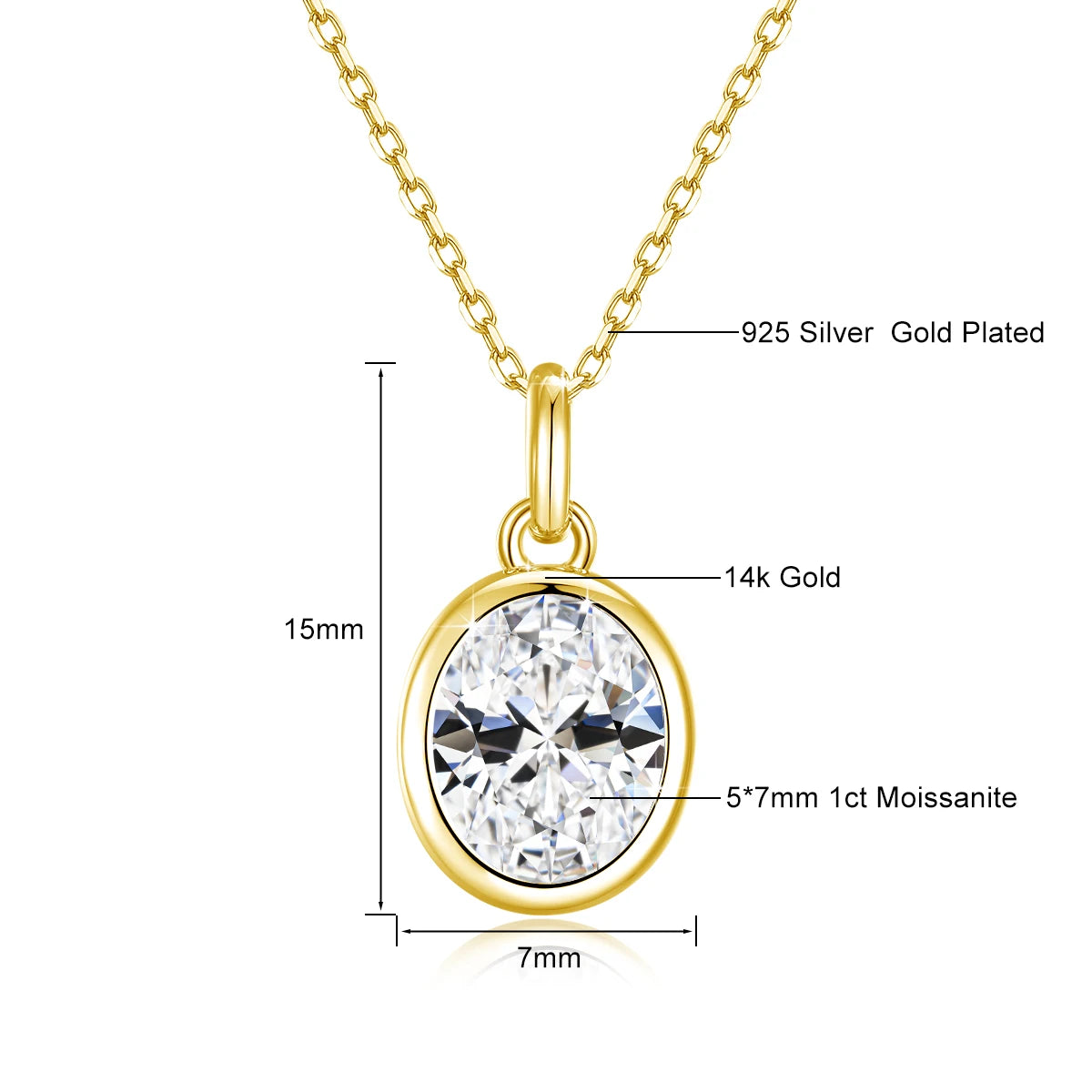 Colar Solitário de Moissanita Oval em Ouro 14K.