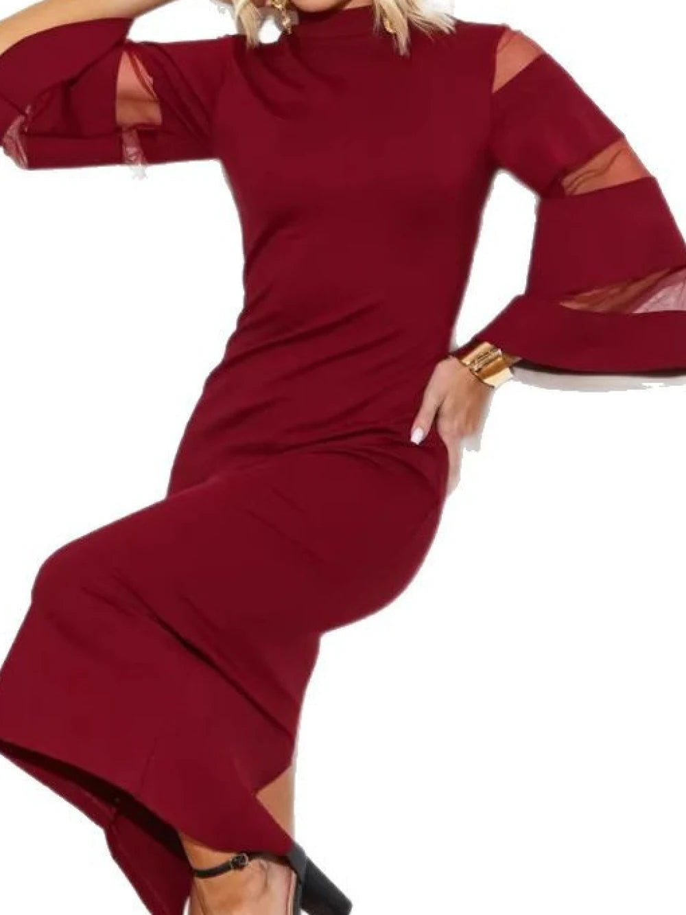 Vestido Feminino Slim com Manga Trompete e Fenda Lateral.