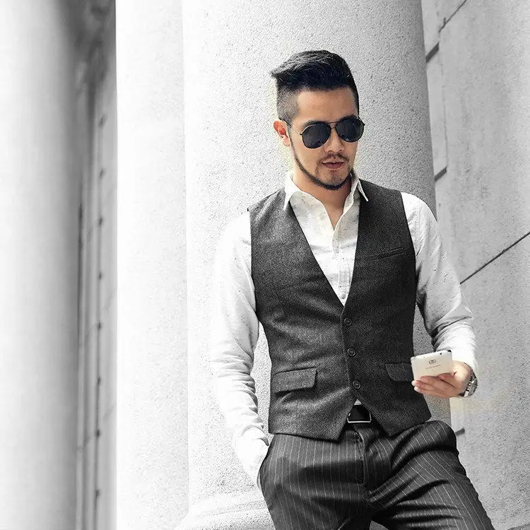 Colete Masculino Slim de Lã com Estampa Espinha de Peixe