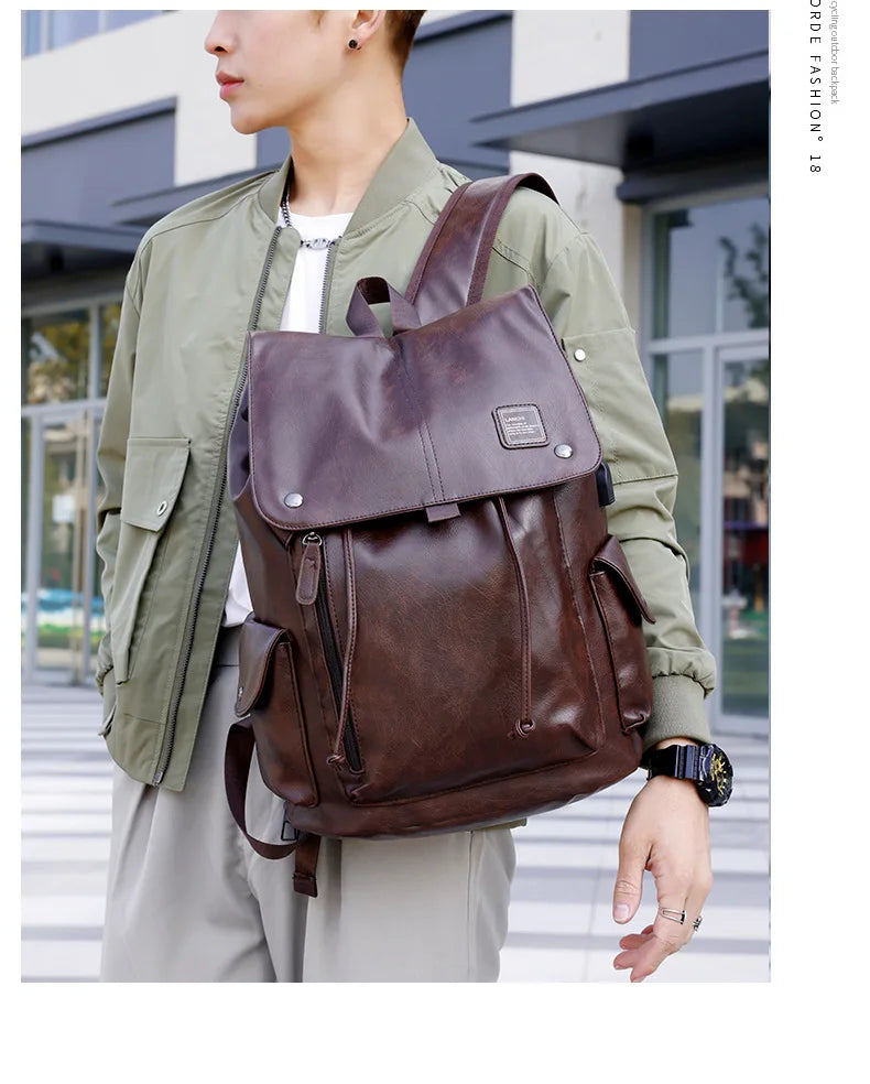 Mochila Masculina Softback em Couro PU Estilo Preppy.