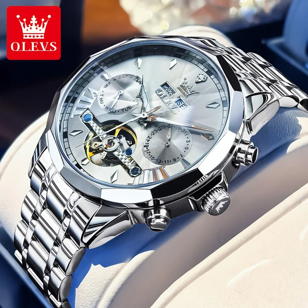 Garb Meccanico Luminar – Relógio Masculino Automático Esqueleto em Aço Inoxidável com Mostrador Prismático e Detalhes Luminosos.