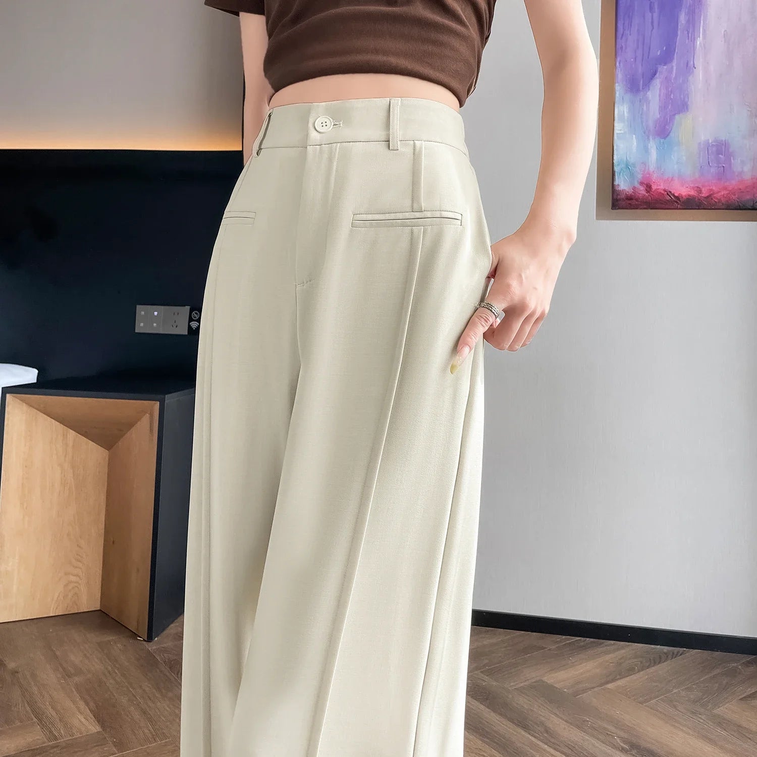 Calça de Pernas Largas de Cintura Alta para Verão.