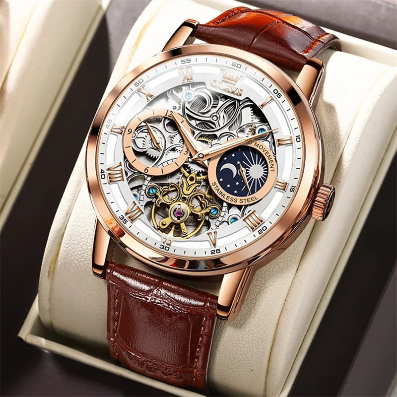 Garb Orologio Imperiale – Relógio Mecânico Masculino Automático Esqueleto em Couro Legítimo e Aço Inoxidável