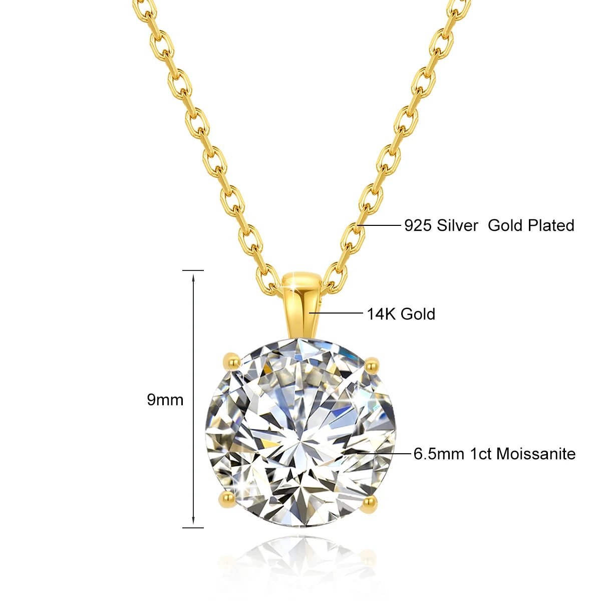 Colar Feminino com Pingente de Moissanite Redondo em Ouro 14K.